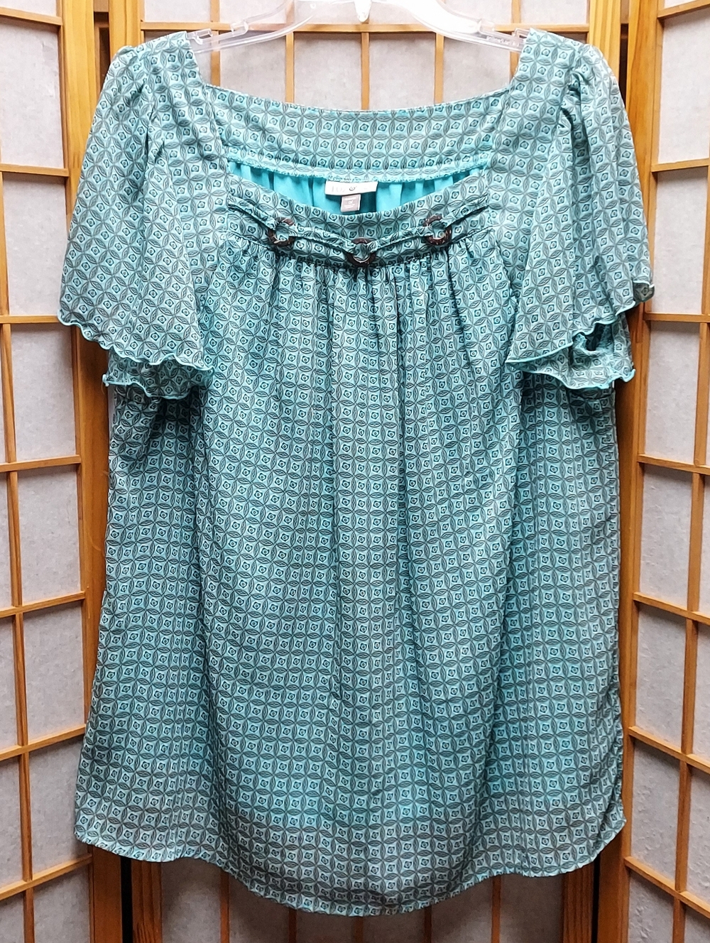 ☮️ Roz & Ali Blue Boho Wood Bead Ruffle Sleeve Shirt Womens 1X